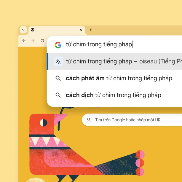 Trang tìm kiếm của Google có hình ảnh con chim, nội dung tìm kiếm 'Từ chim trong tiếng Pháp' và kết quả là 'oiseau'